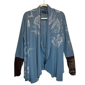 jennythreads Muted Blue and Brown Asymmetric Open Flowy Jersey Cardigan - Small